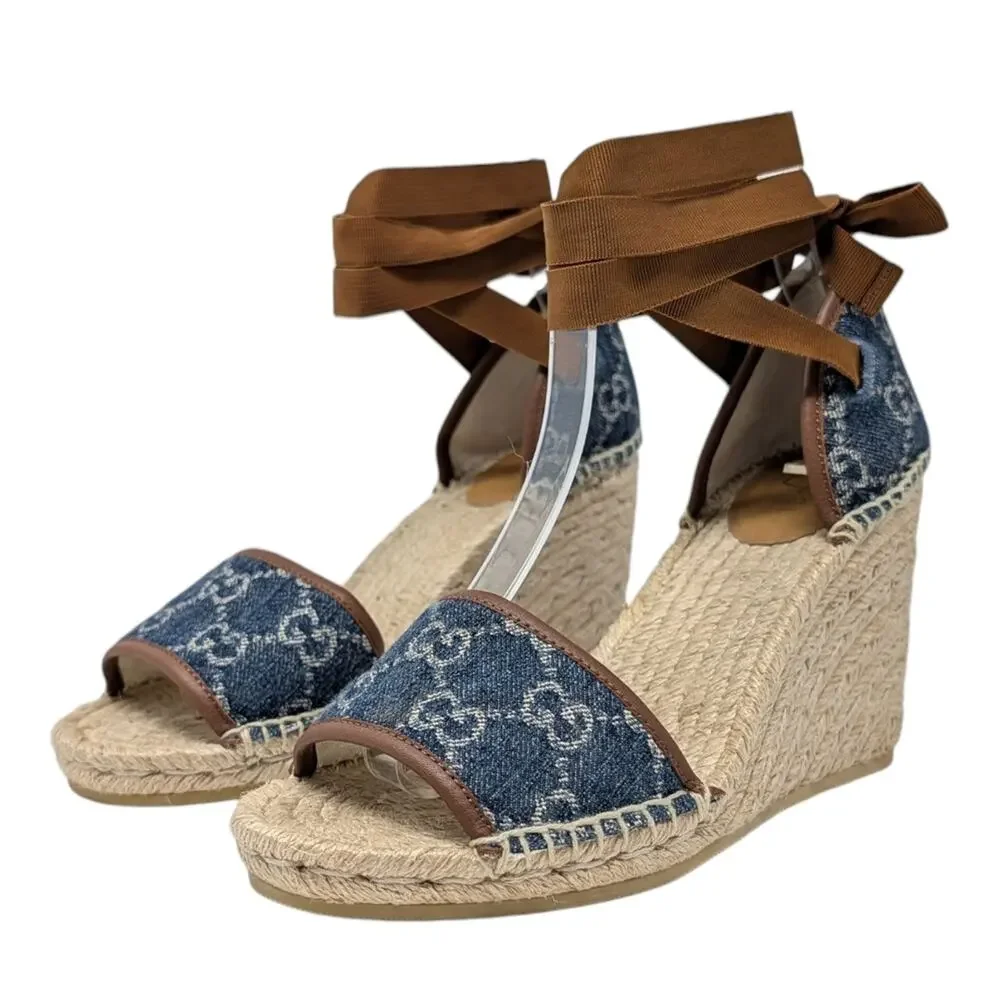 Gucci Pilar GG Monogram Denim D'Orsay Espadrille Wedge Heel Sandal Blue Tan 37
